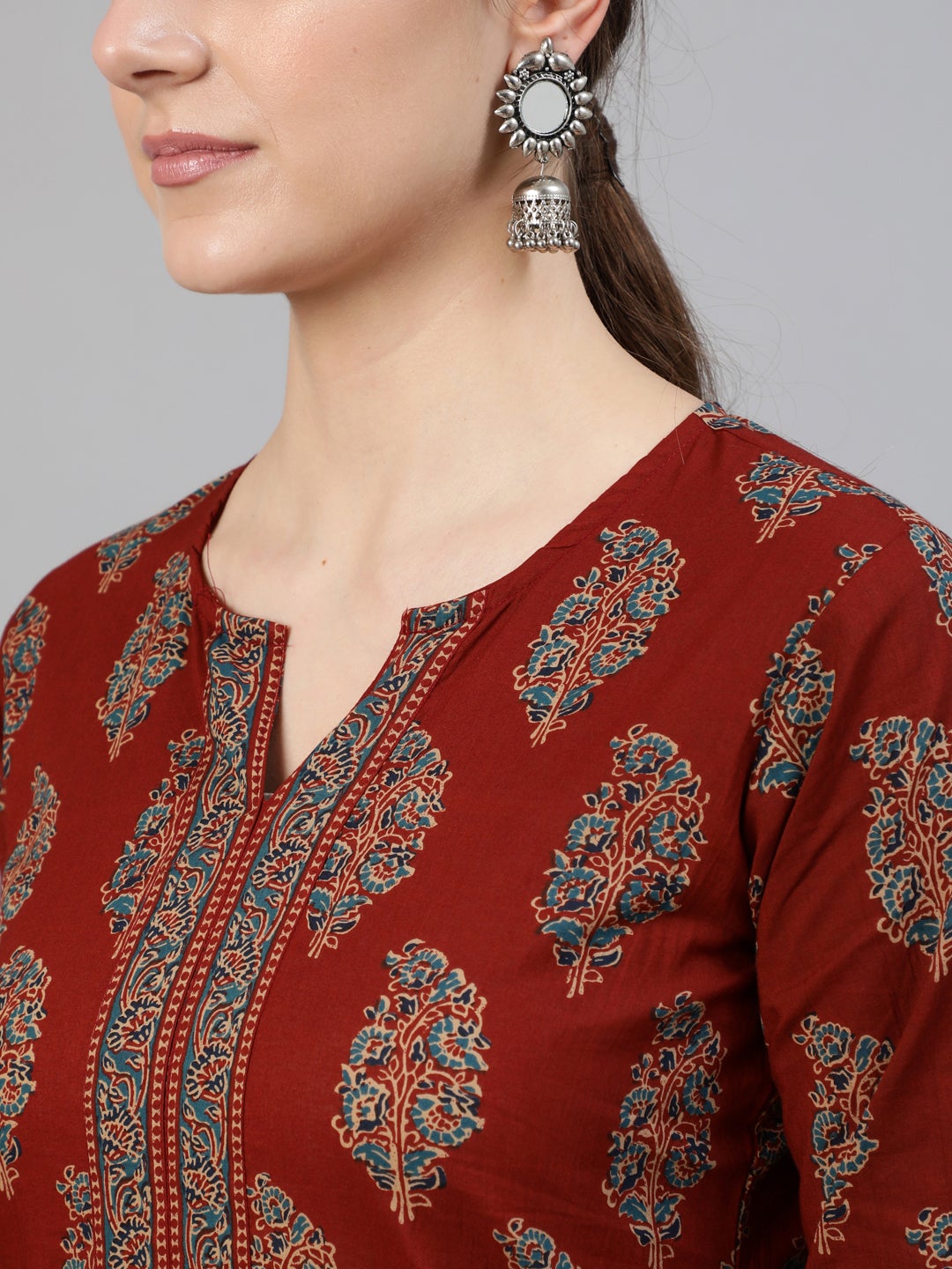Women's Maroon Printed Straight Kurta With Three Quarter Sleeves