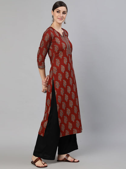 Women's Maroon Printed Straight Kurta With Three Quarter Sleeves