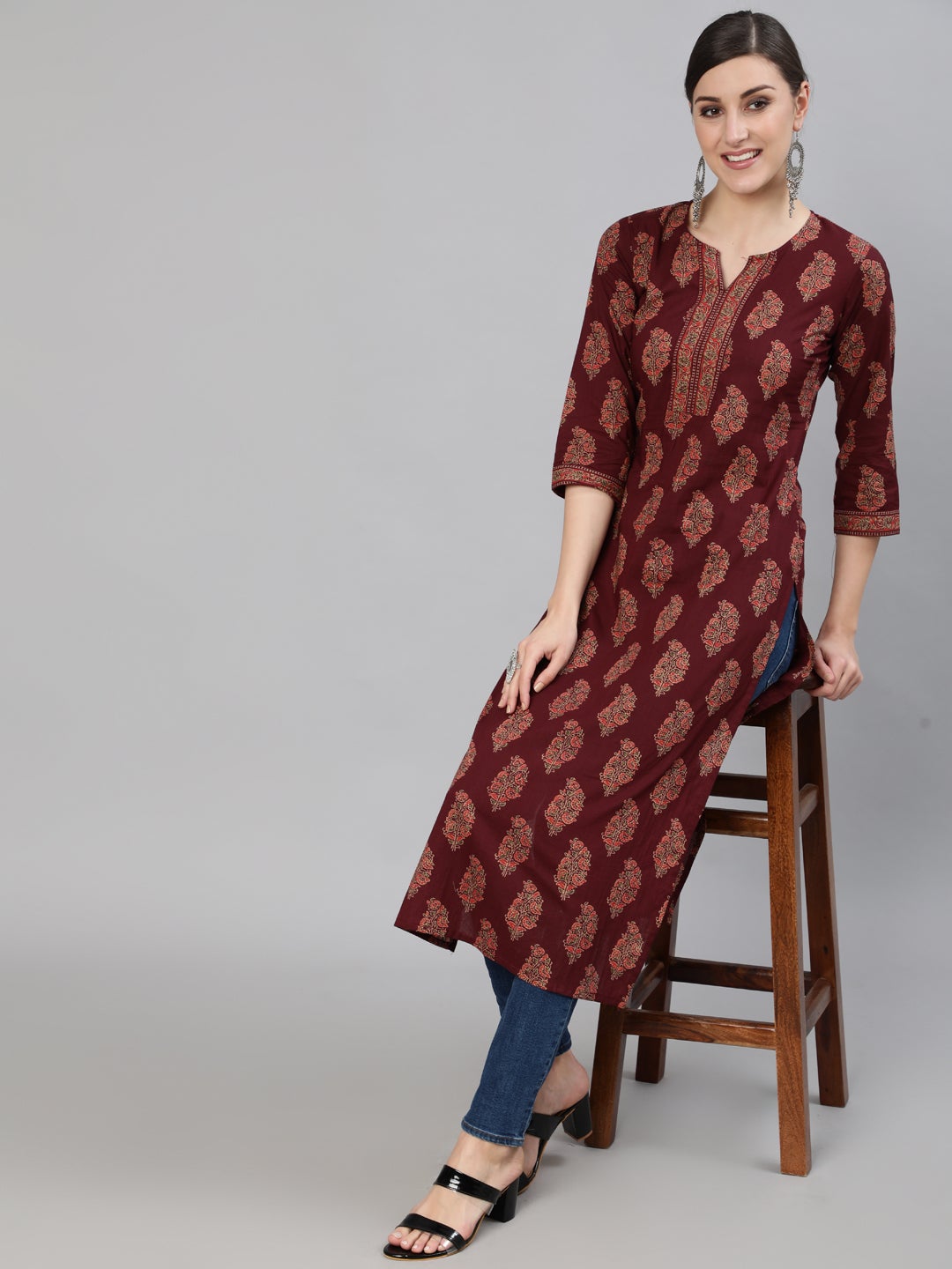 Women's Burgundy Ethnic Printed Straight Kurta With Three Quarter Sleeves