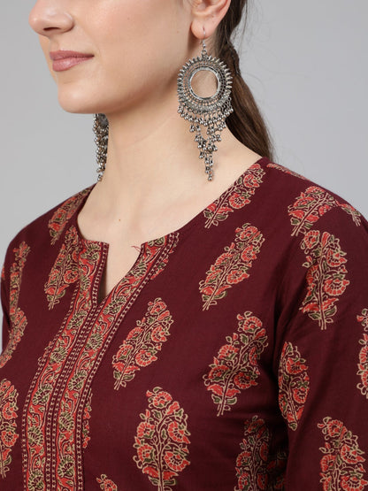 Women's Burgundy Ethnic Printed Straight Kurta With Three Quarter Sleeves