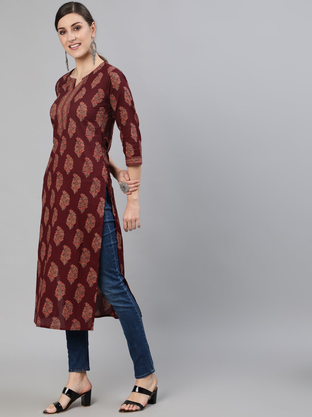 Women's Burgundy Ethnic Printed Straight Kurta With Three Quarter Sleeves