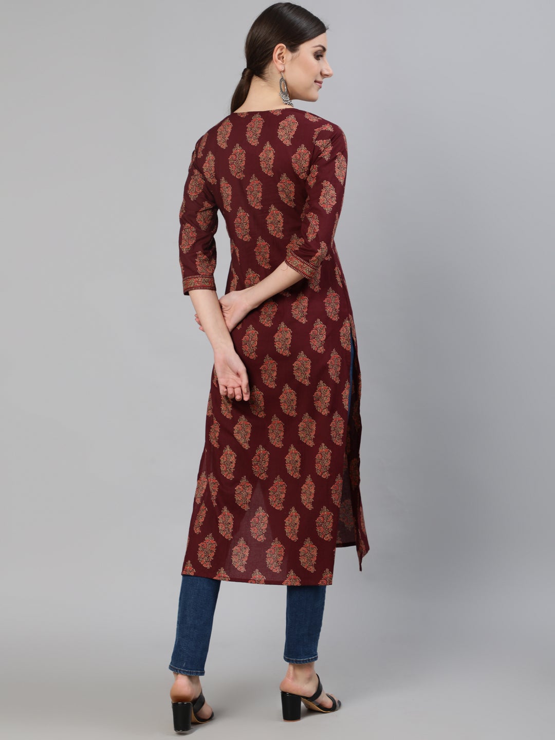 Women's Burgundy Ethnic Printed Straight Kurta With Three Quarter Sleeves