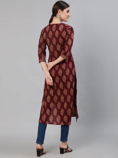 Women's Burgundy Ethnic Printed Straight Kurta With Three Quarter Sleeves