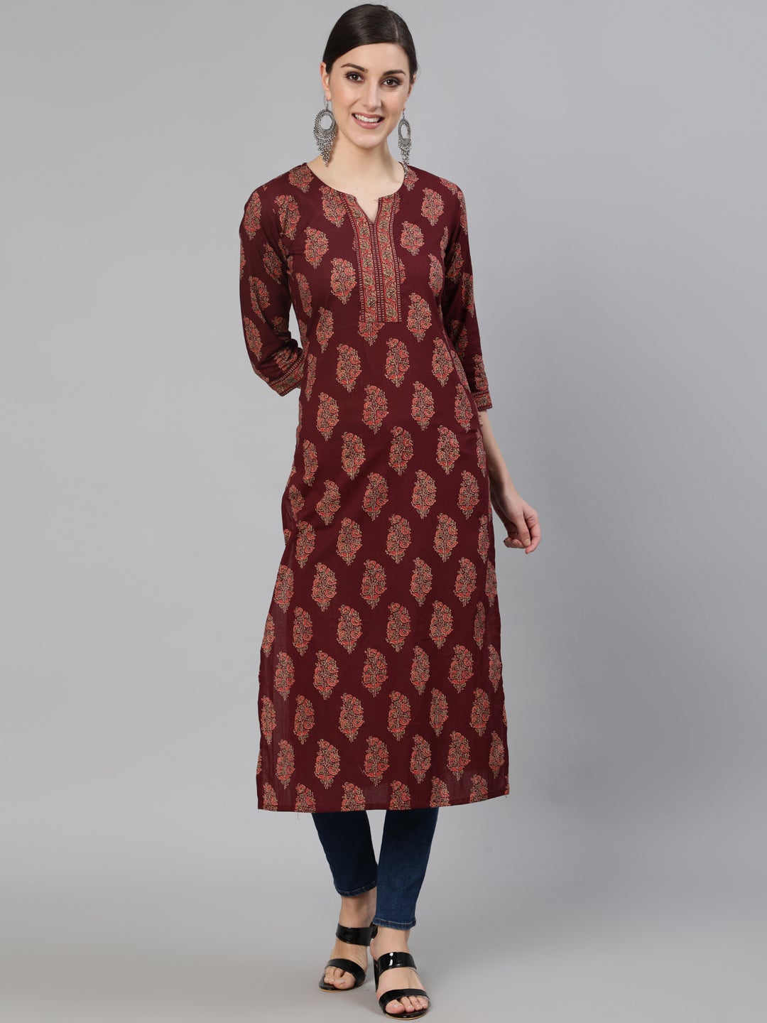 Women's Burgundy Ethnic Printed Straight Kurta With Three Quarter Sleeves