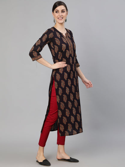 Women's Black Ethnic Printed Straight Kurta With Three Quarter Sleeves