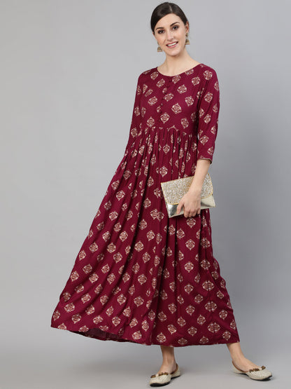 Women's Burgundy Ethnic Printed Dress With Three Quarter Sleeves