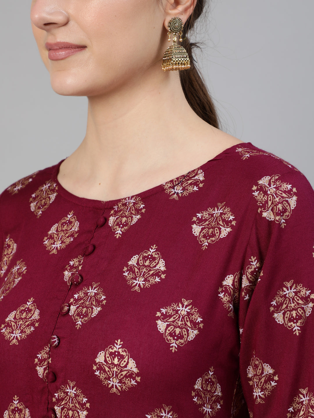 Women's Burgundy Ethnic Printed Dress With Three Quarter Sleeves