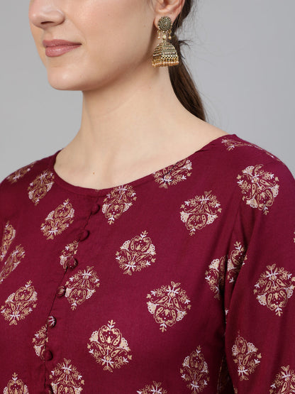 Women's Burgundy Ethnic Printed Dress With Three Quarter Sleeves