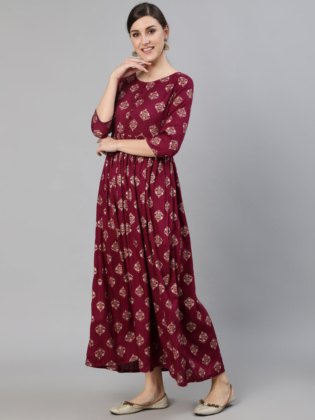 Women's Burgundy Ethnic Printed Dress With Three Quarter Sleeves