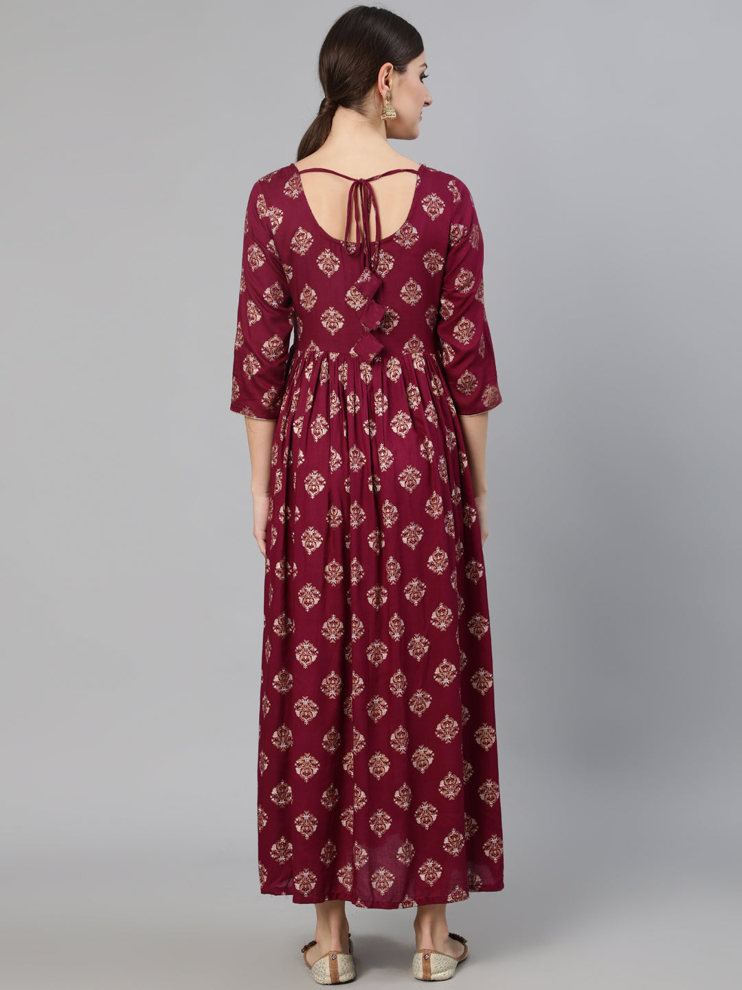 Women's Burgundy Ethnic Printed Dress With Three Quarter Sleeves