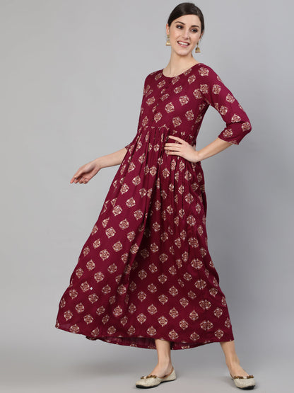 Women's Burgundy Ethnic Printed Dress With Three Quarter Sleeves