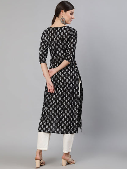 Women's Black Ethnic Motif Printed Straight Kurta With Three Quarter Sleeves