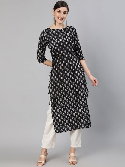Women's Black Ethnic Motif Printed Straight Kurta With Three Quarter Sleeves