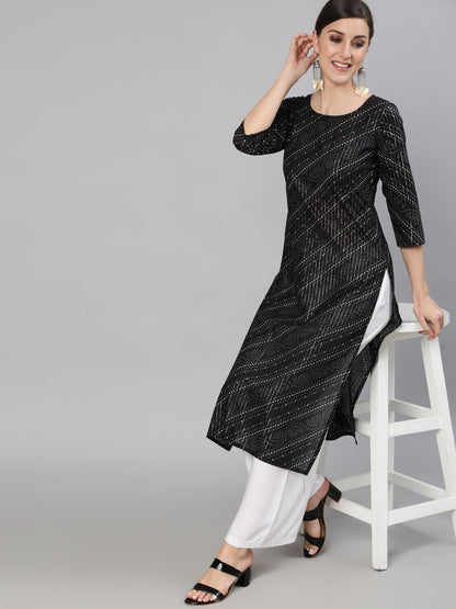 Women's Black Bandhani Printed Kurta With Round Neck