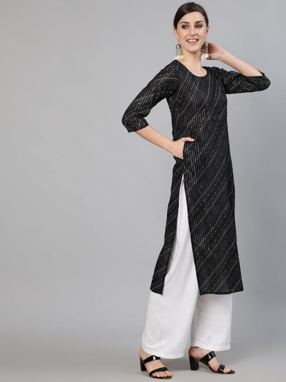 Women's Black Bandhani Printed Kurta With Round Neck
