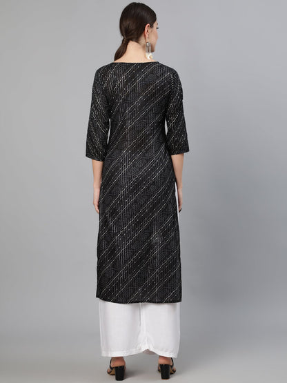 Women's Black Bandhani Printed Kurta With Round Neck
