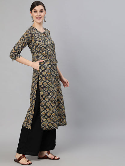 Women's Black Abstract Printed Straight Kurta With Three Quarter Sleeves
