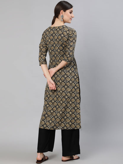 Women's Black Abstract Printed Straight Kurta With Three Quarter Sleeves
