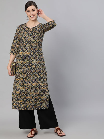 Women's Black Abstract Printed Straight Kurta With Three Quarter Sleeves
