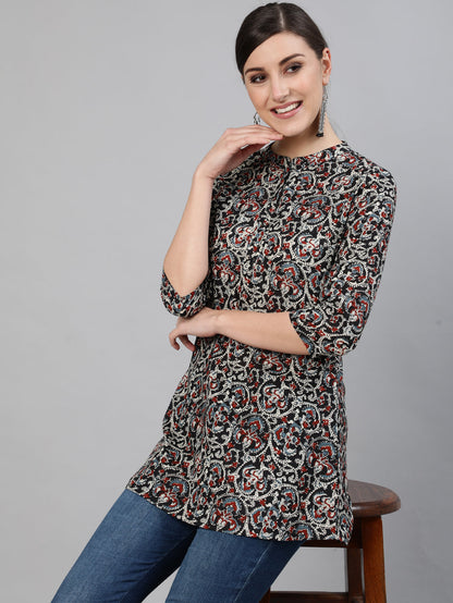 Women's Black Printed Tunic With Three Quarter Sleeves