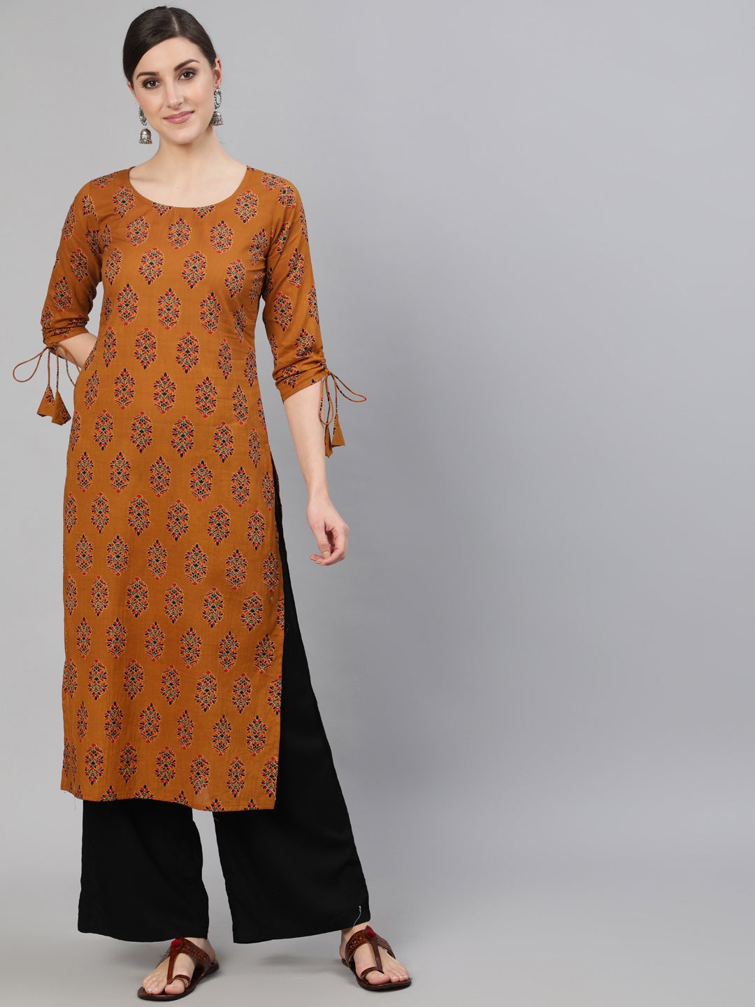 Women's Mustard Ethnic Motifs Printed Straight Kurta With Tassel Detail