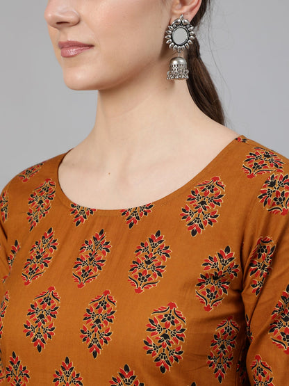 Women's Mustard Ethnic Motifs Printed Straight Kurta With Tassel Detail