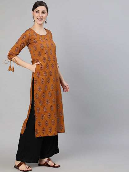 Women's Mustard Ethnic Motifs Printed Straight Kurta With Tassel Detail