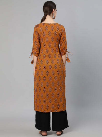 Women's Mustard Ethnic Motifs Printed Straight Kurta With Tassel Detail