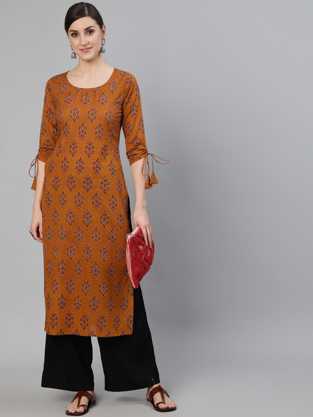 Women's Mustard Ethnic Motifs Printed Straight Kurta With Tassel Detail