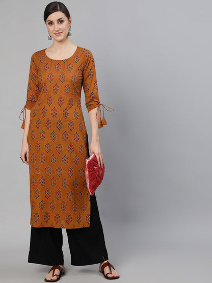 Women's Mustard Ethnic Motifs Printed Straight Kurta With Tassel Detail