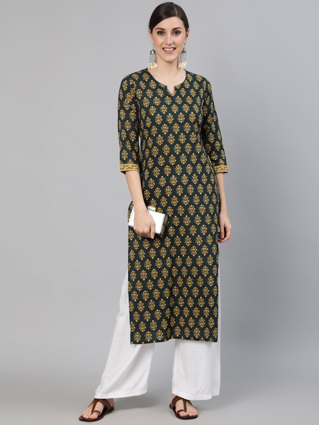 Women's Green Ethnic Printed Straight Kurta With Three Quarter Sleeves