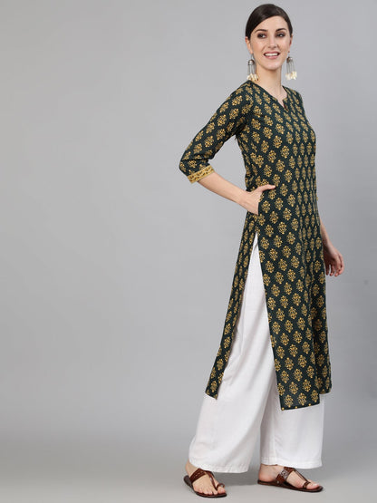Women's Green Ethnic Printed Straight Kurta With Three Quarter Sleeves