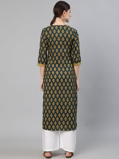 Women's Green Ethnic Printed Straight Kurta With Three Quarter Sleeves
