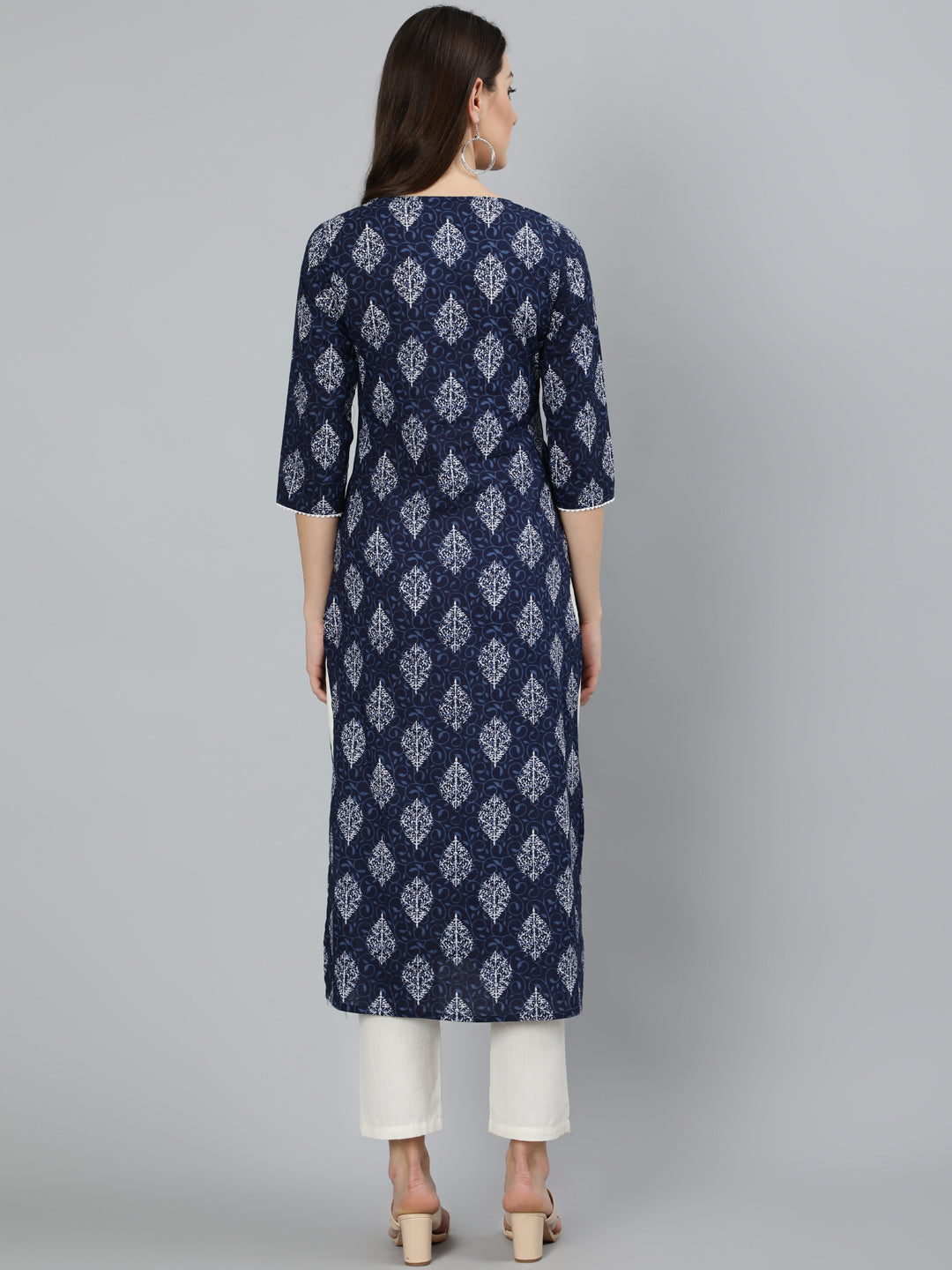 Women's Navy Blue Ethnic Printed Straight Kurta with Lace Details