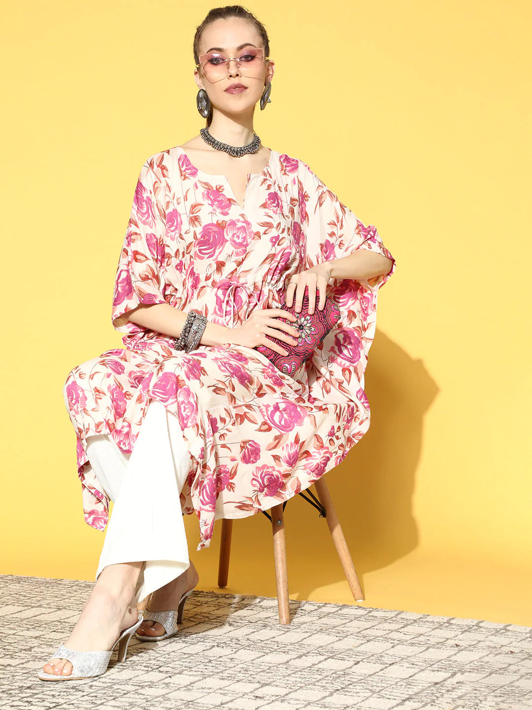 Women's Off-White Printed Kaftan Kurta