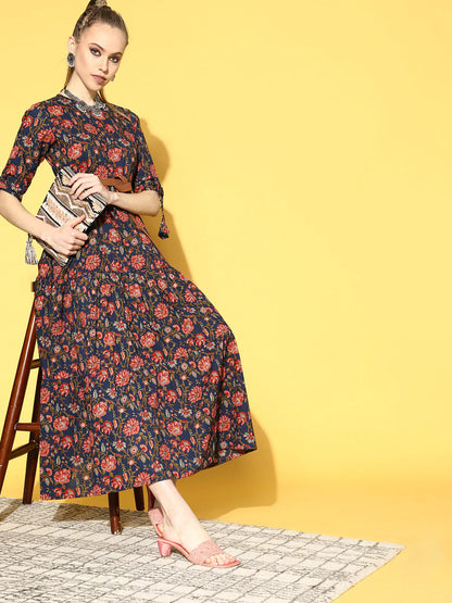 Women's Blue Printed Tiered Dress With Tie Up Sleeves