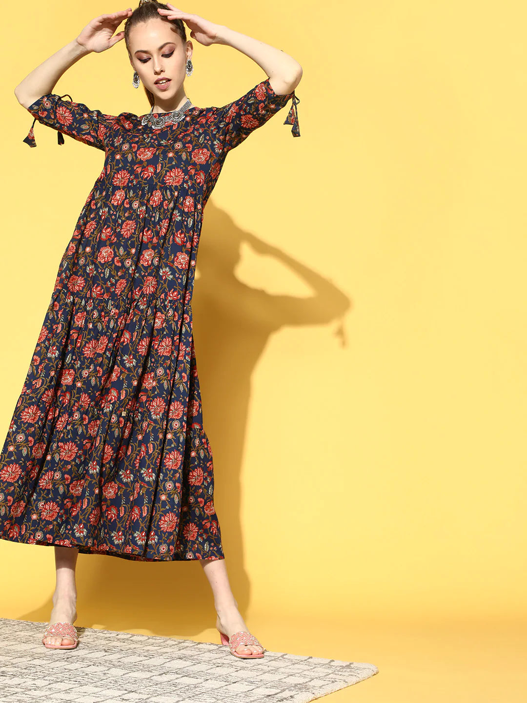Women's Blue Printed Tiered Dress With Tie Up Sleeves
