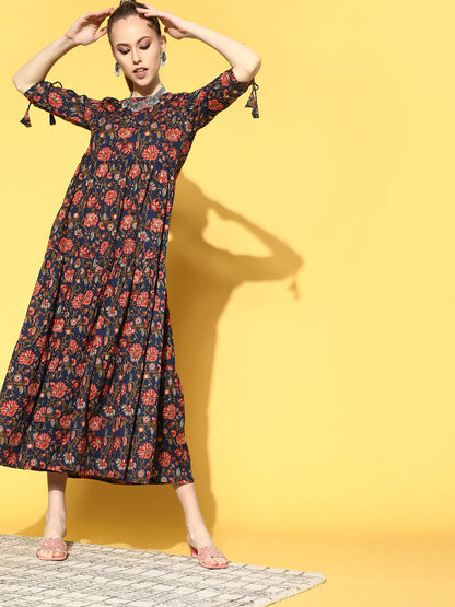 Women's Blue Printed Tiered Dress With Tie Up Sleeves