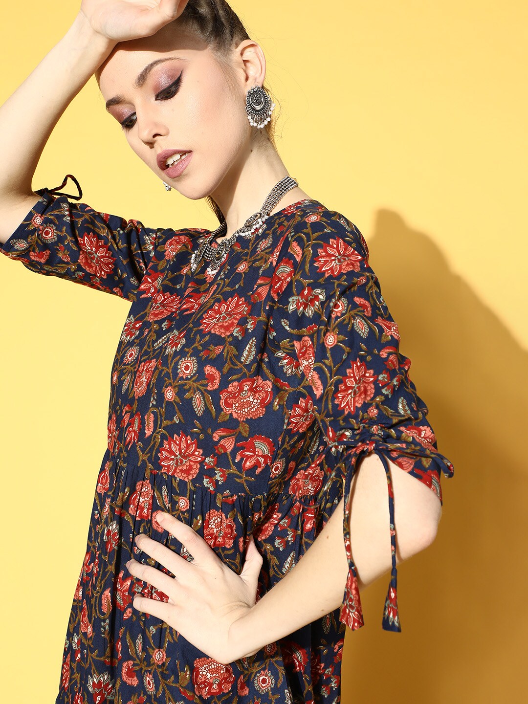 Women's Blue Printed Tiered Dress With Tie Up Sleeves
