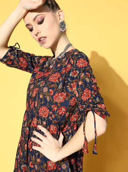 Women's Blue Printed Tiered Dress With Tie Up Sleeves