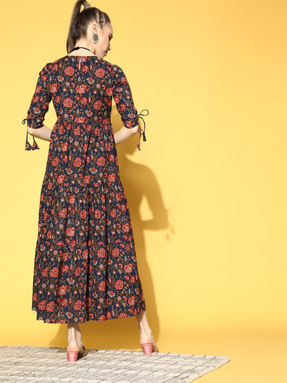 Women's Blue Printed Tiered Dress With Tie Up Sleeves