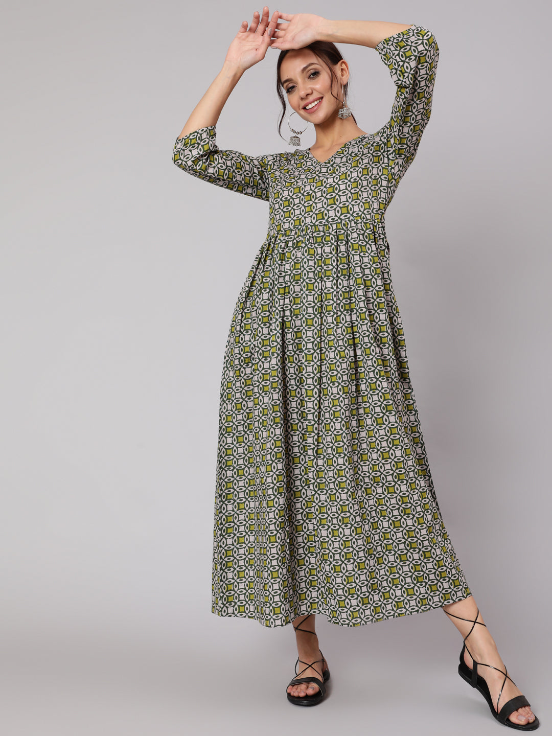 Women's Mustard Printed Dress With Three Quarter Sleeves