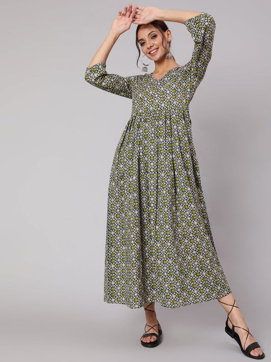 Women's Mustard Printed Dress With Three Quarter Sleeves