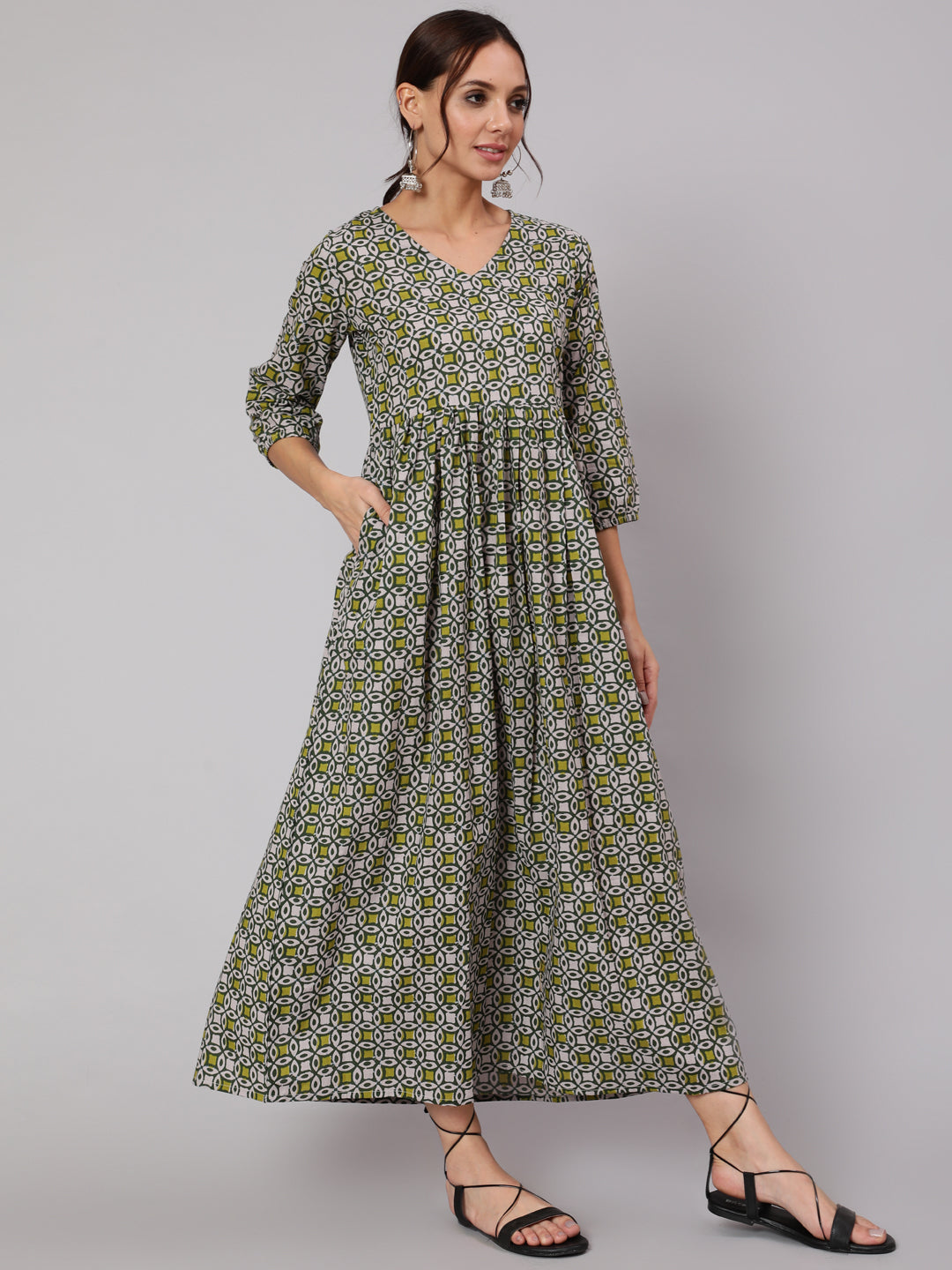 Women's Mustard Printed Dress With Three Quarter Sleeves