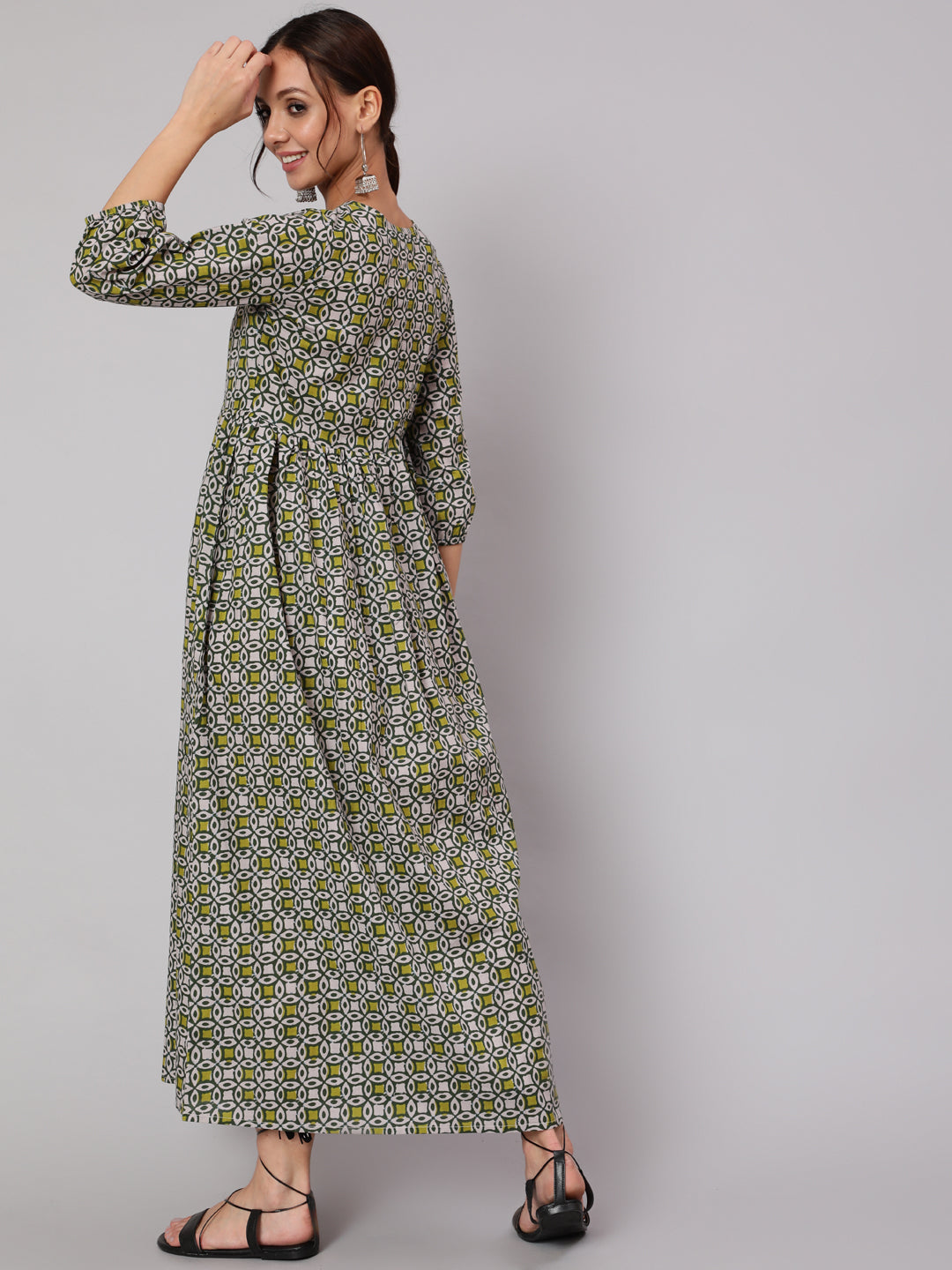 Women's Mustard Printed Dress With Three Quarter Sleeves