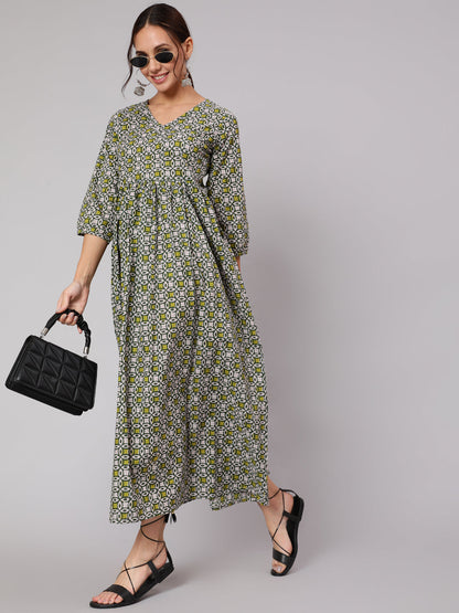 Women's Mustard Printed Dress With Three Quarter Sleeves
