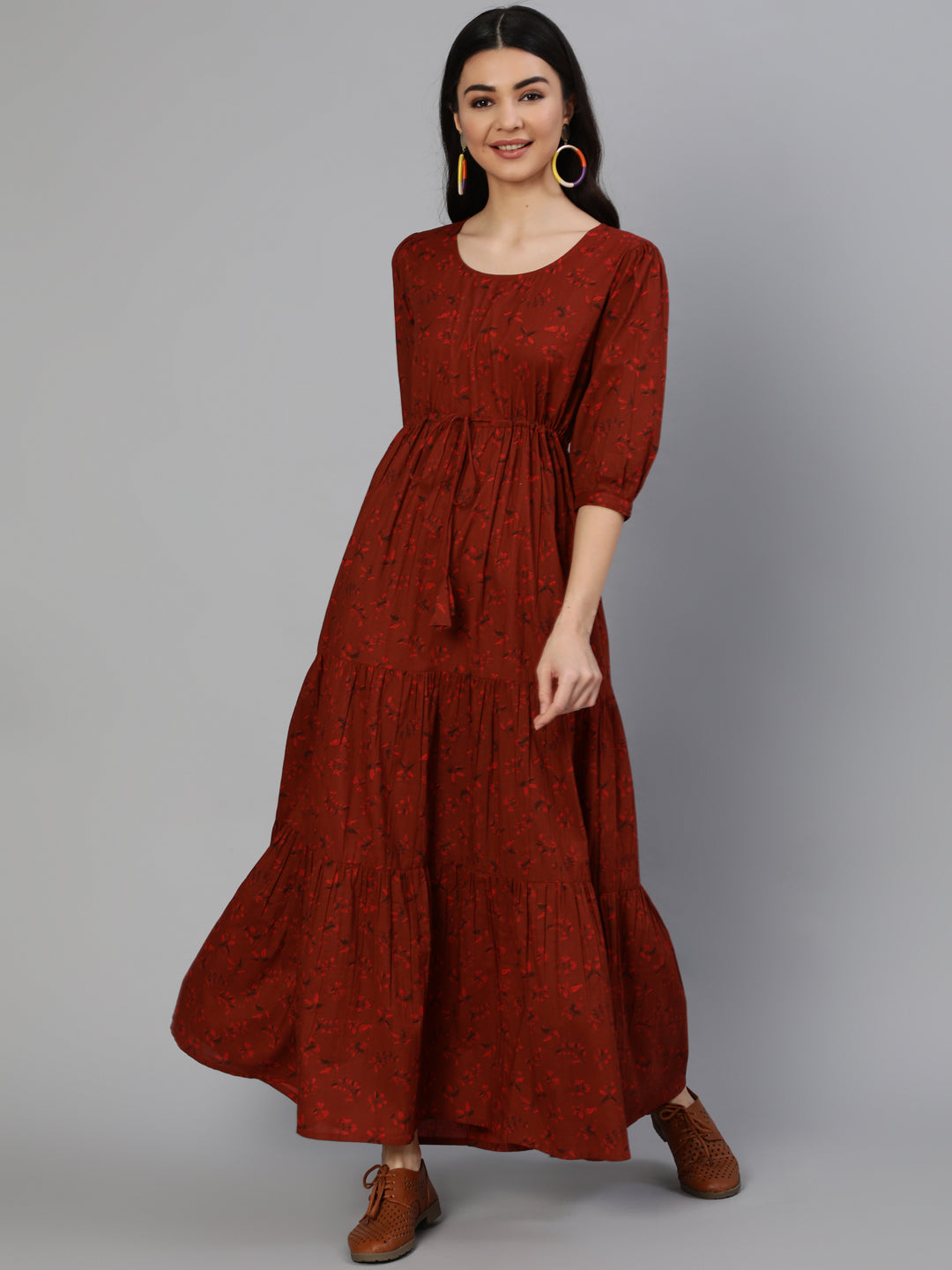 Women's Maroon Printed Tiered Dress With Three Quarter Sleeves