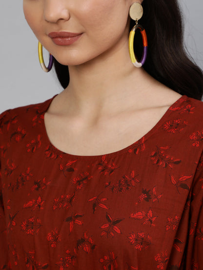 Women's Maroon Printed Tiered Dress With Three Quarter Sleeves