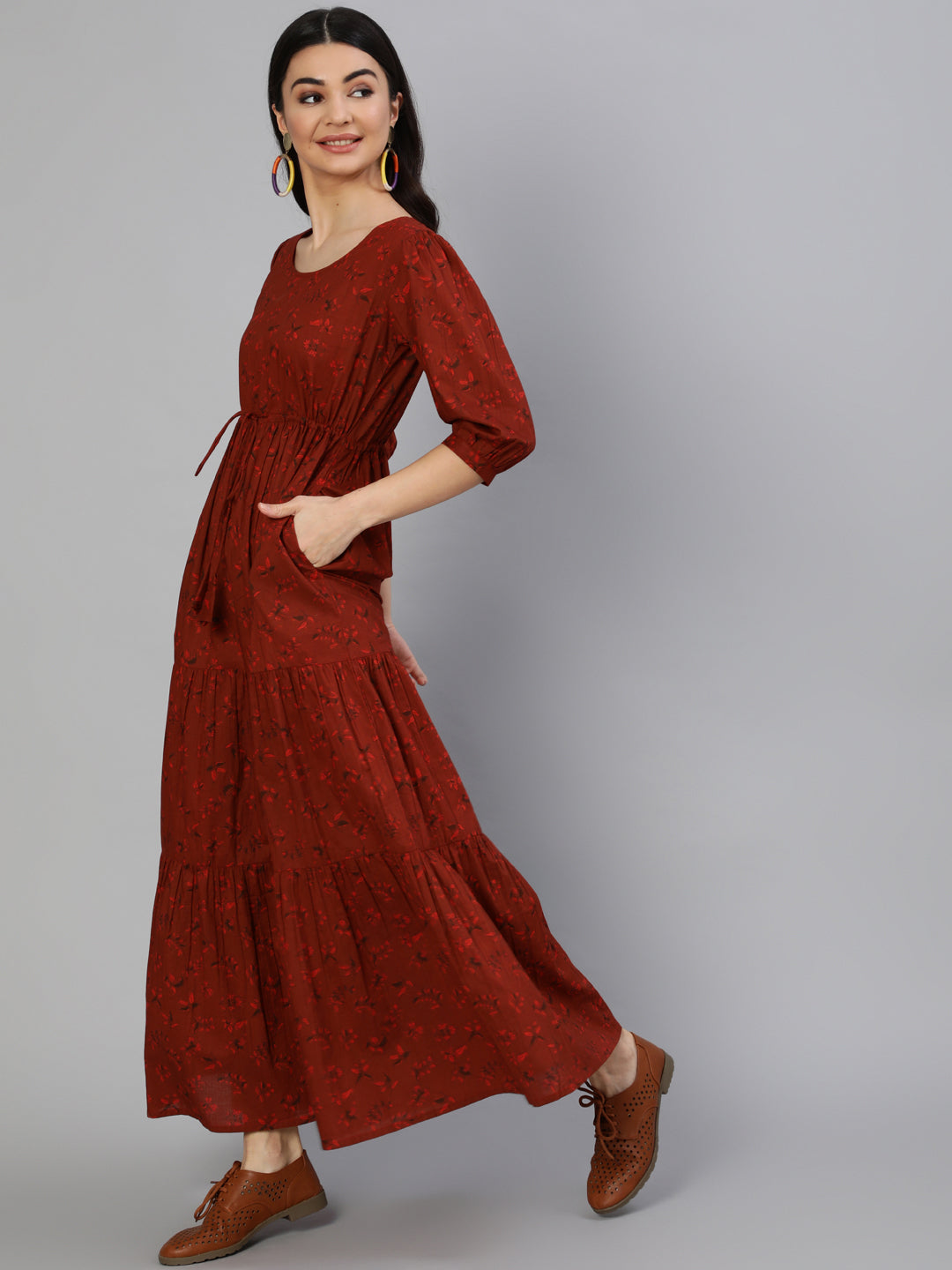 Women's Maroon Printed Tiered Dress With Three Quarter Sleeves