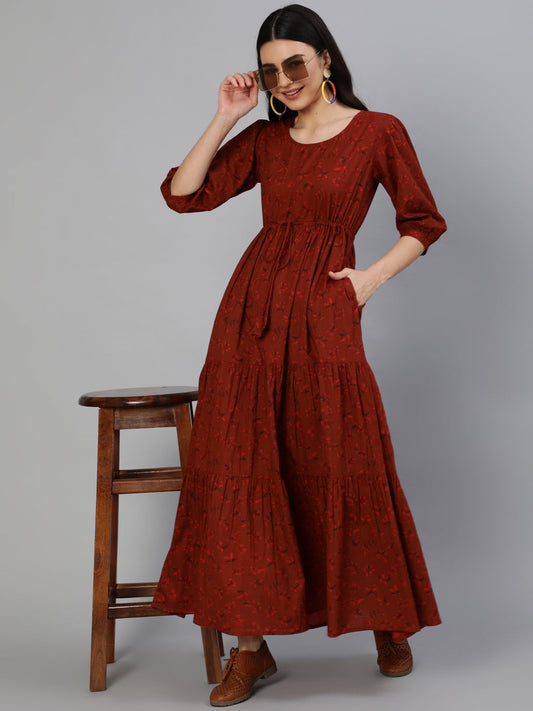 Women's Maroon Printed Tiered Dress With Three Quarter Sleeves
